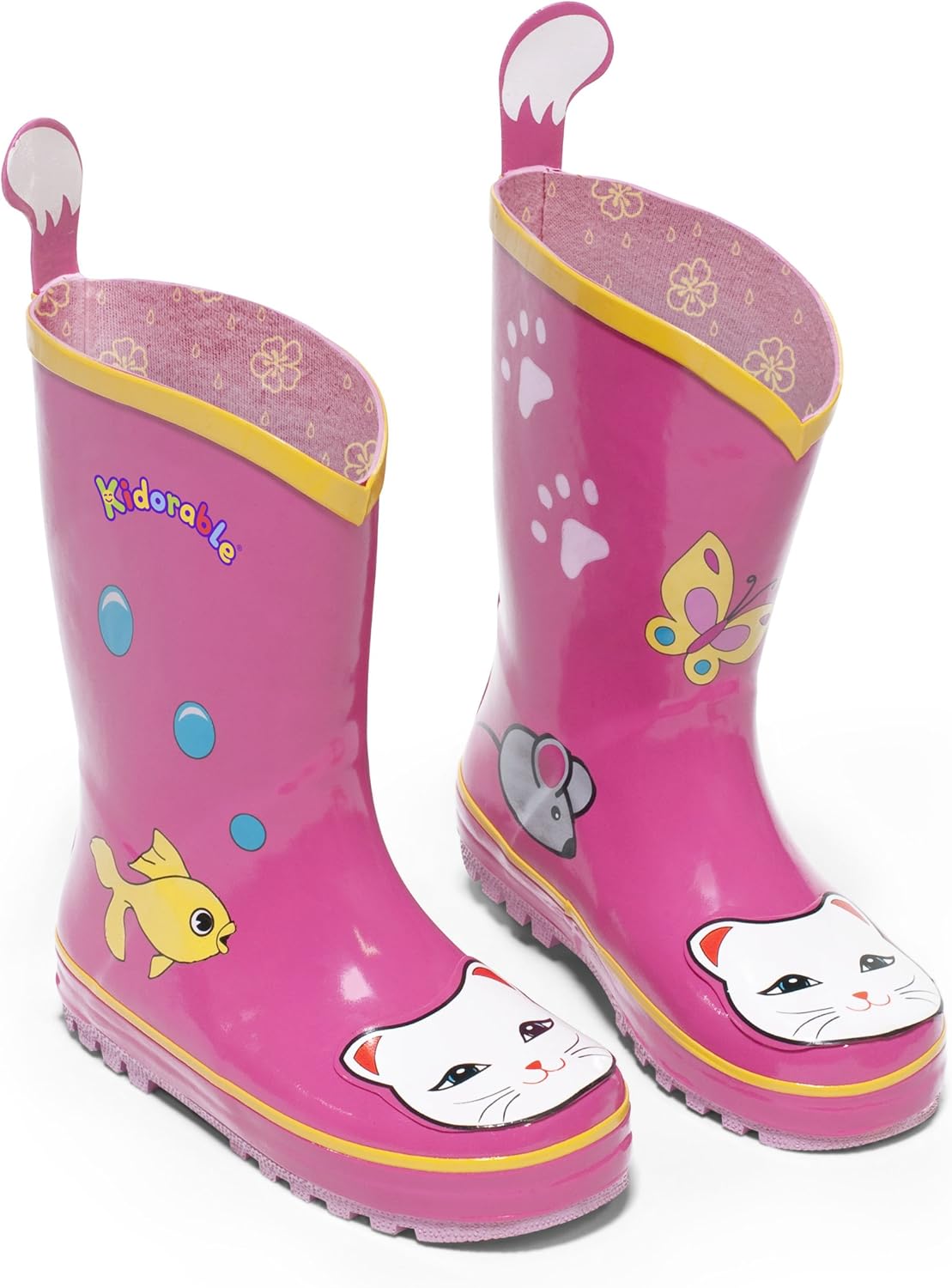 Kidorable Lucky Cat Rainboots, Pink, Kids Sizes, Natural Rubber Boots with Cotton Lining, Pull On Heel Tab & Non-Slip Sole