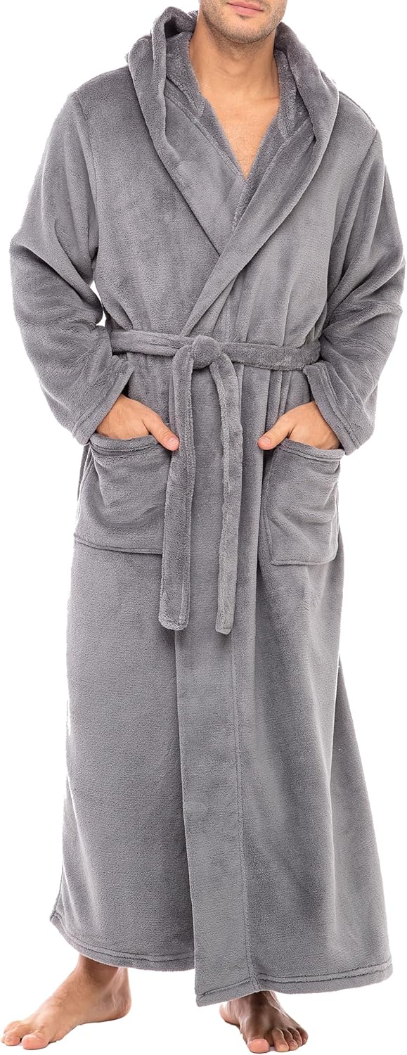 Alexander Del Rossa Mens Robe with Hood, Plush Fleece Hooded Mens Bathrobe, Big and Tall Bath Robe for Men