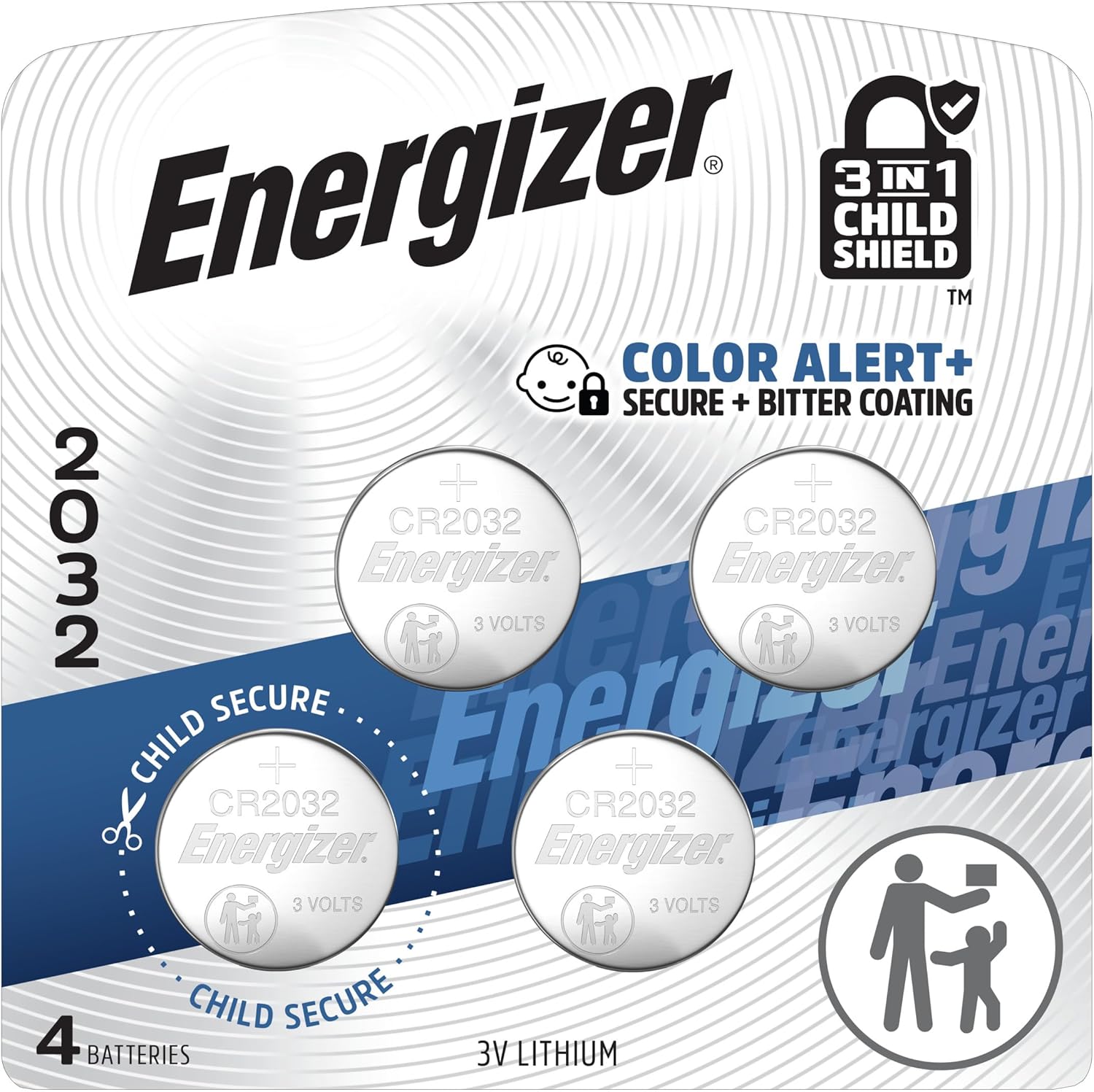 Energizer 2032 Batteries (4 Pack), 3V Lithium Coin Batteries with 3-in-1 Child Shield