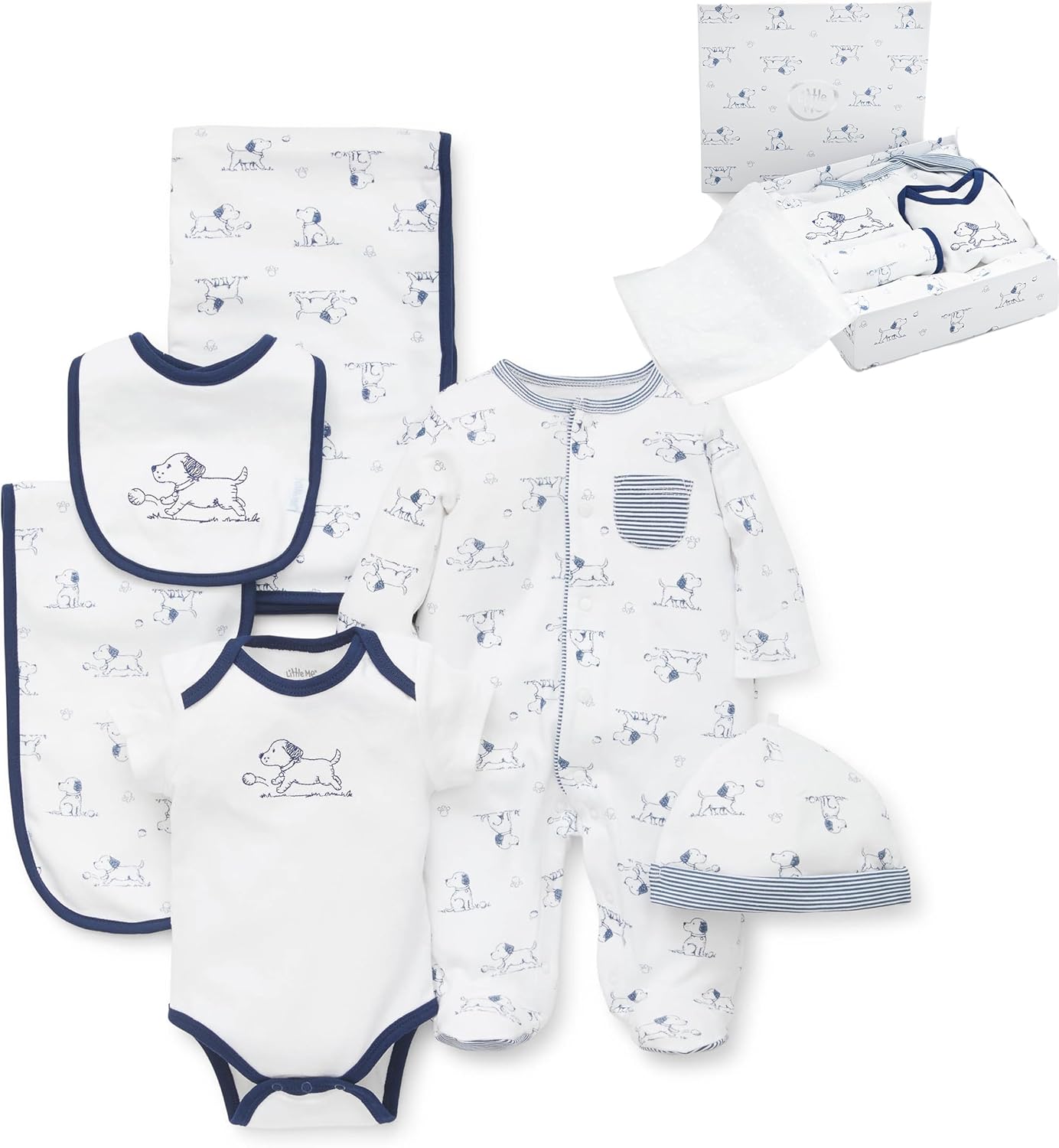 Little Me Baby Layette Gift Set - Footie and Cap, Onesie, 3-Piece Bib And Burp Set, Swaddling Blanket, Baby Shower Gifts