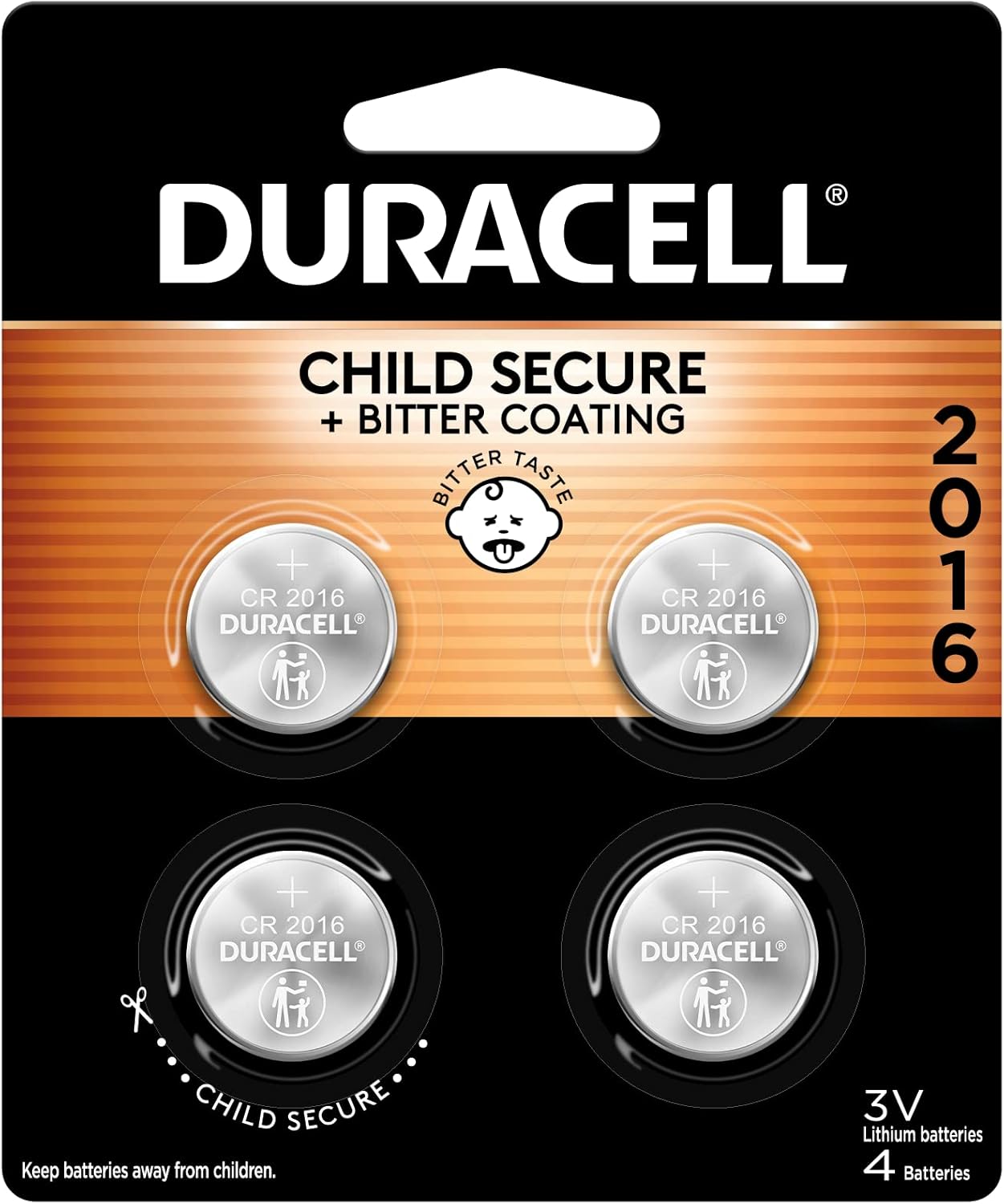 Duracell 2016 Lithium Battery, 4 Count (Pack of 1), Child Safety Features, Lithium Coin Battery for Key Fob, Car Remote, and other devices CR2016 Lithium 3 Volt (3V) Cell