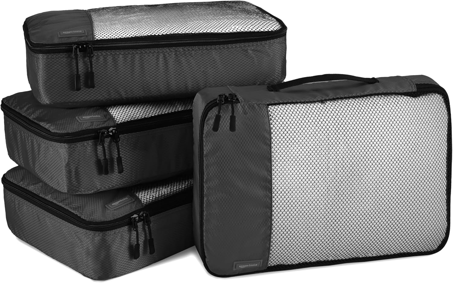 Amazon Basics Lightweight Packing Cubes for Travel, 4 Piece Set With Double Zipper Pulls and Mesh Top Panel, 100% Durable Polyester, Medium, Black