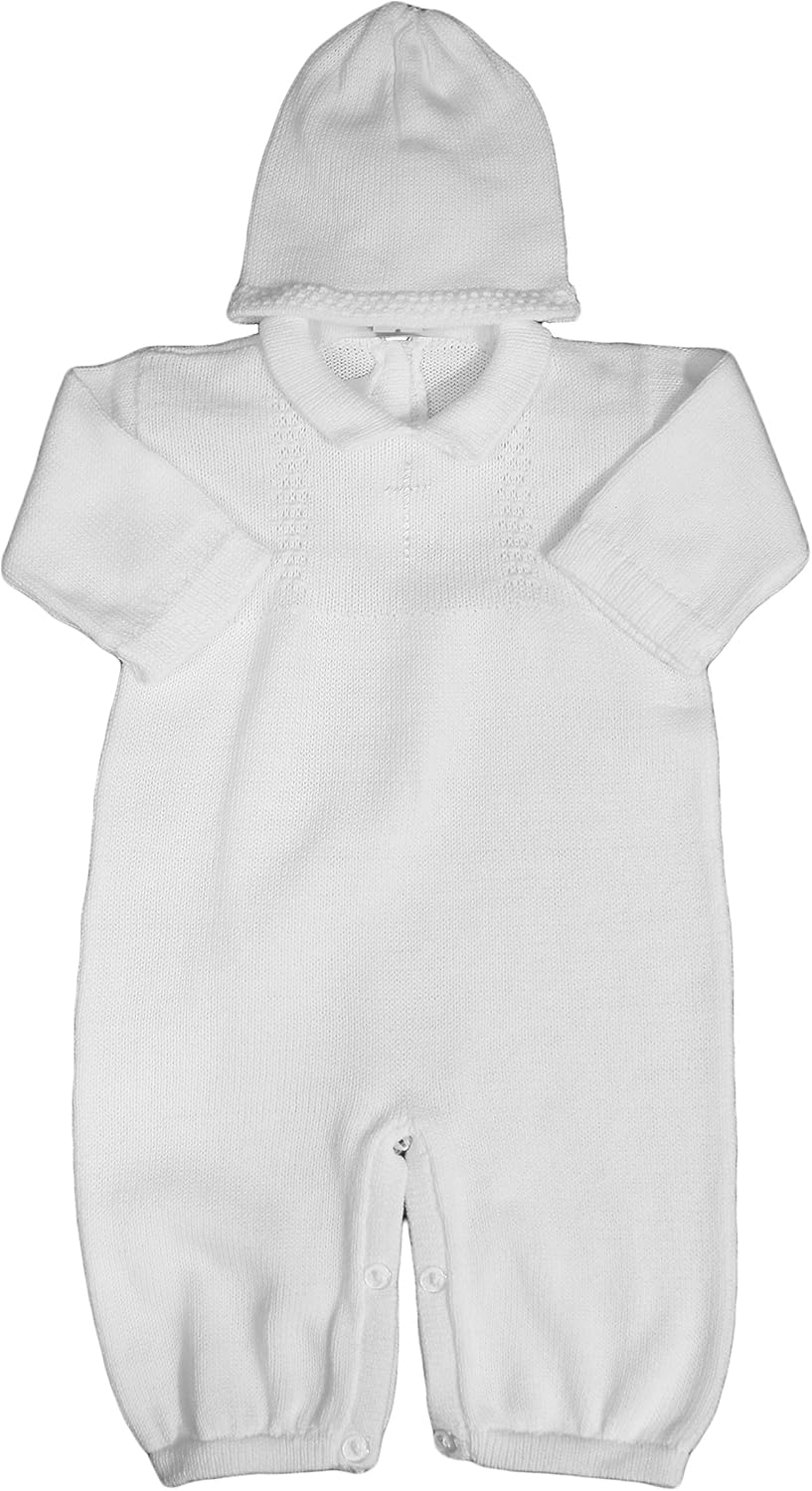 Boy's White Cotton Knit Christening Baptism Longall w/White, Blue, or Gold Cross and Hat