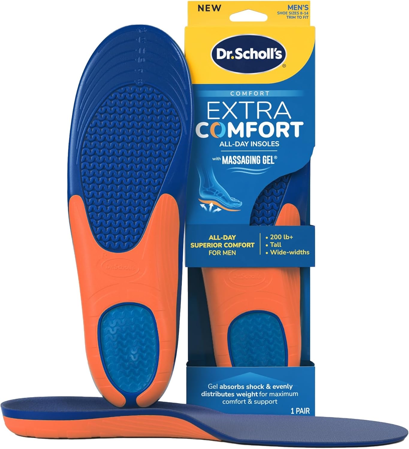 Dr. Scholl's Extra Comfort Support Insoles Men, Size 8-14, 1 Pair: All-Day Comfort Shoe Inserts with Massaging Gel for Big & Tall Men, 200lbs+, Wide Feet - Arch Support Inserts for Men, Trim to Fit