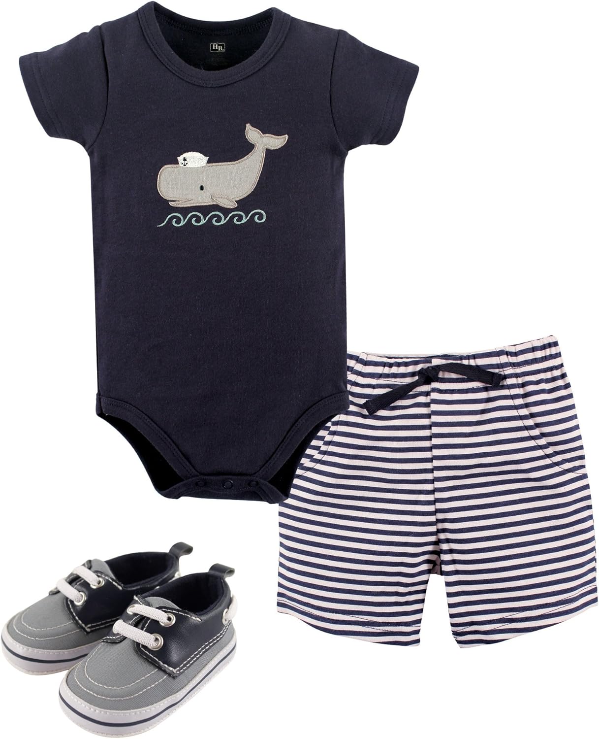 Hudson Baby Unisex Baby Cotton Bodysuit, Shorts and Shoe Set