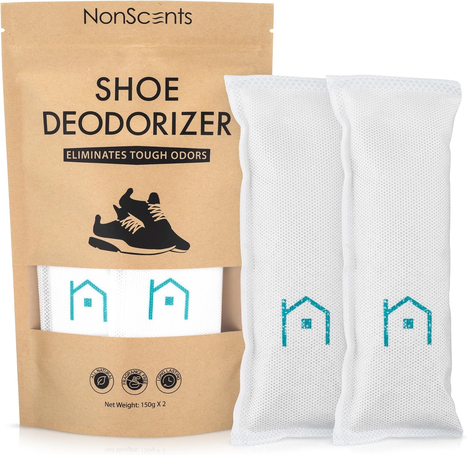 NonScents Shoe Deodorizer 1-Pack (2 Count) - Odor Eliminator, Air Freshener, Smell Absorber, Scent Remover for Shoes, Gym Bags, Soccer Cleats, Closets, Pet Area, Reusable - Shoe Deodorant