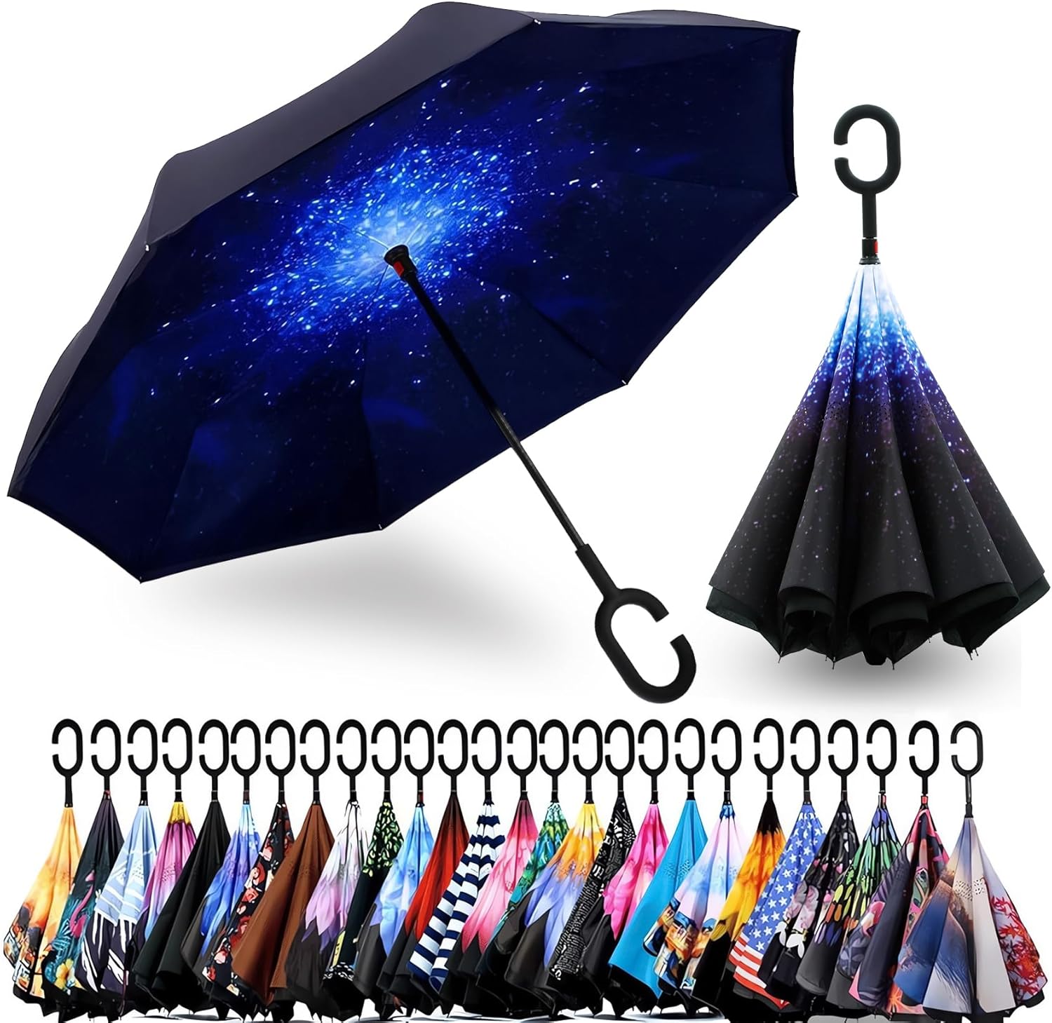 SIEPASA 49/56 Inch Inverted Reverse Upside Down Umbrella, Extra Large Double Canopy Vented Windproof Waterproof Stick Golf Umbrellas with C-shape Handle.