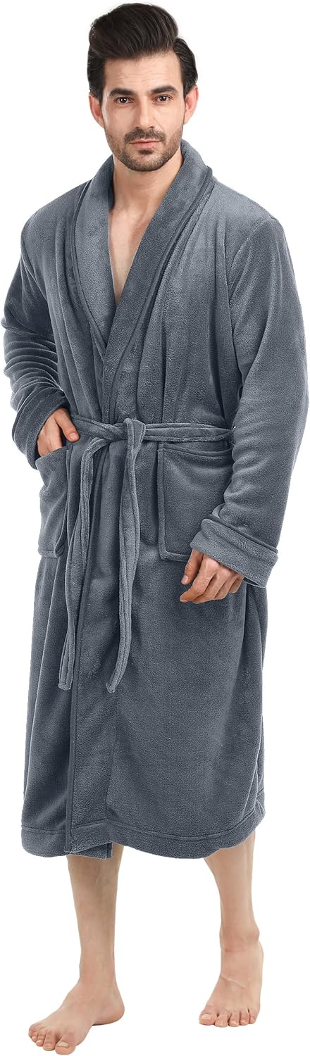 NY Threads Luxurious Men's Shawl Collar Fleece Bathrobe Long Spa Robe