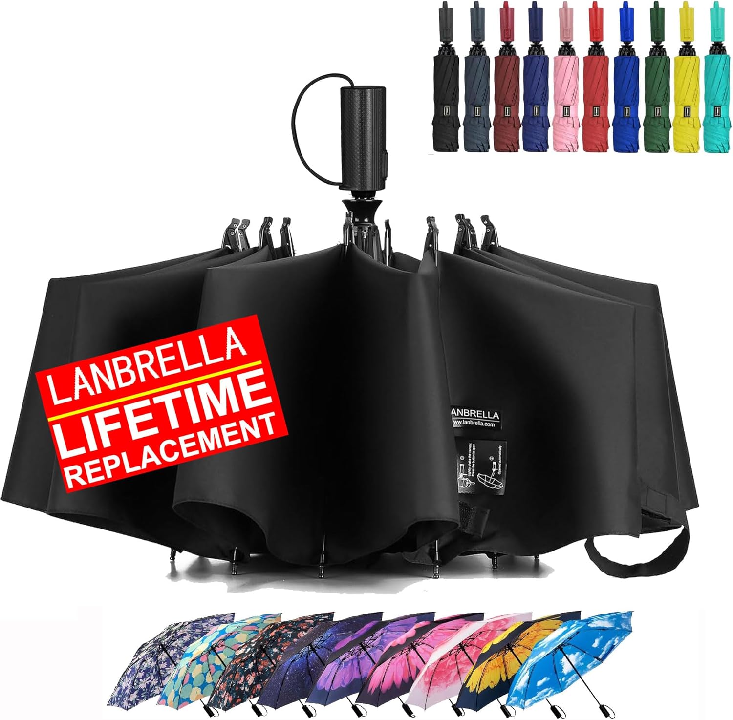 LANBRELLA Compact Reverse Folding Umbrella Auto Windproof Travel Umbrella