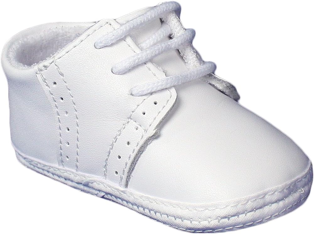 Baby Boys All White Genuine Leather Saddle Oxford Crib Shoe with Perforations