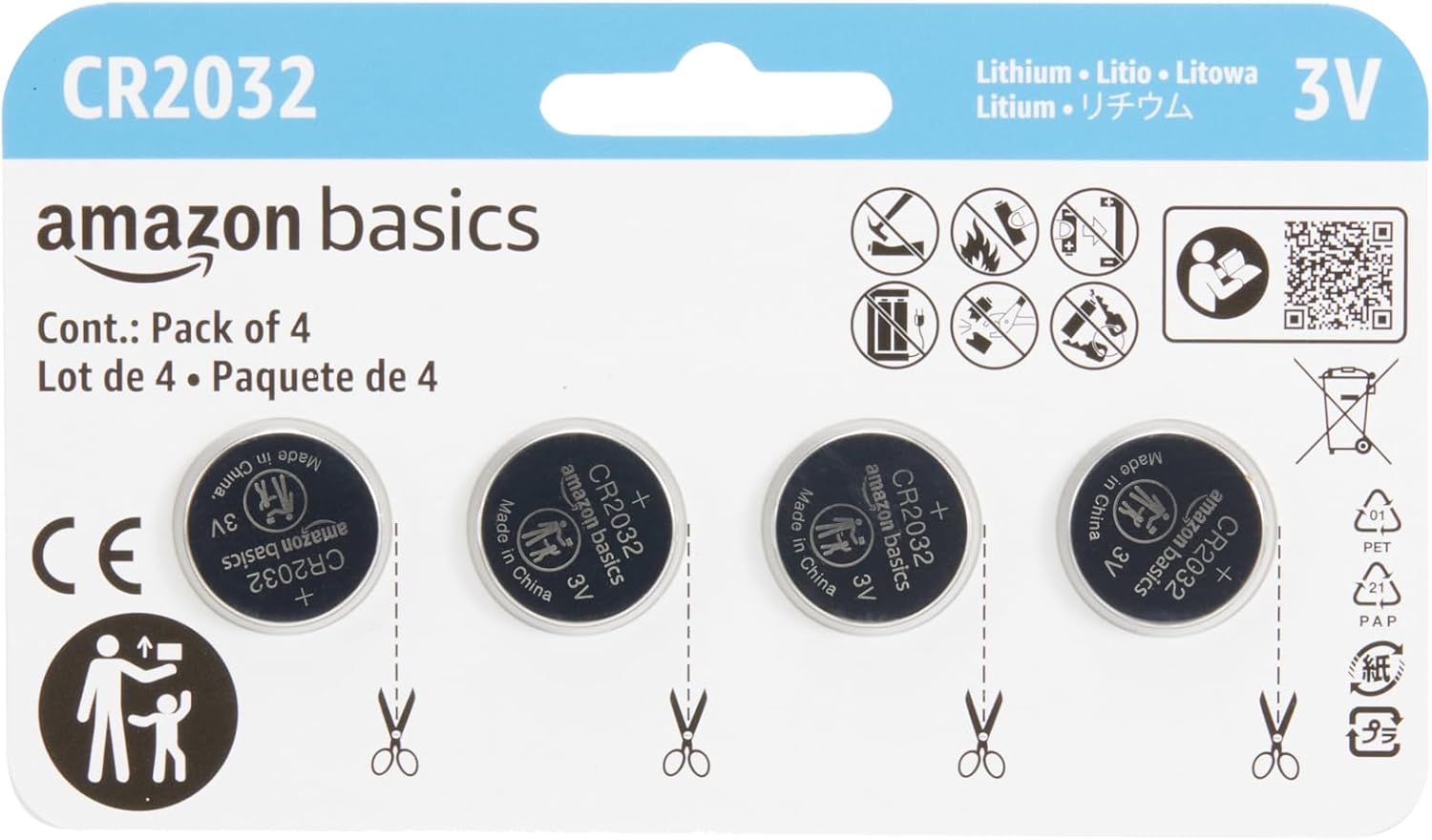 Amazon Basics 4-Pack CR2032 Lithium Coin Cell Battery, Compatible with AirTag, 3 Volt, Long Lasting Power, Mercury-Free