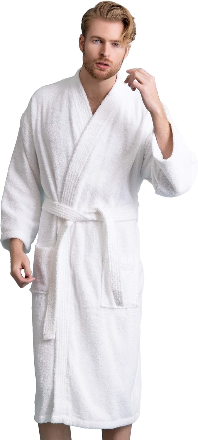 Soft Touch Linen Men's Robe, Turkish Terry Bathrobe, 100% Cotton Kimono Spa Bathrobe