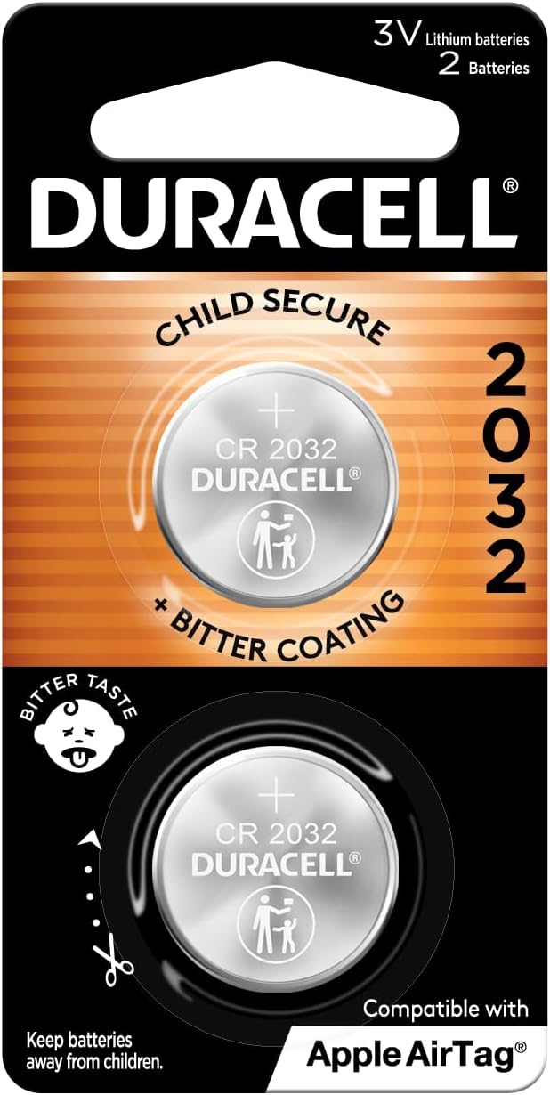 Duracell 2032 Lithium Battery. 2 Count Pack. Child Safety Features. Compatible with Apple AirTag, Key Fob, and other devices. CR2032 Lithium 3V Cell. 2032 Battery, Lithium Coin Battery