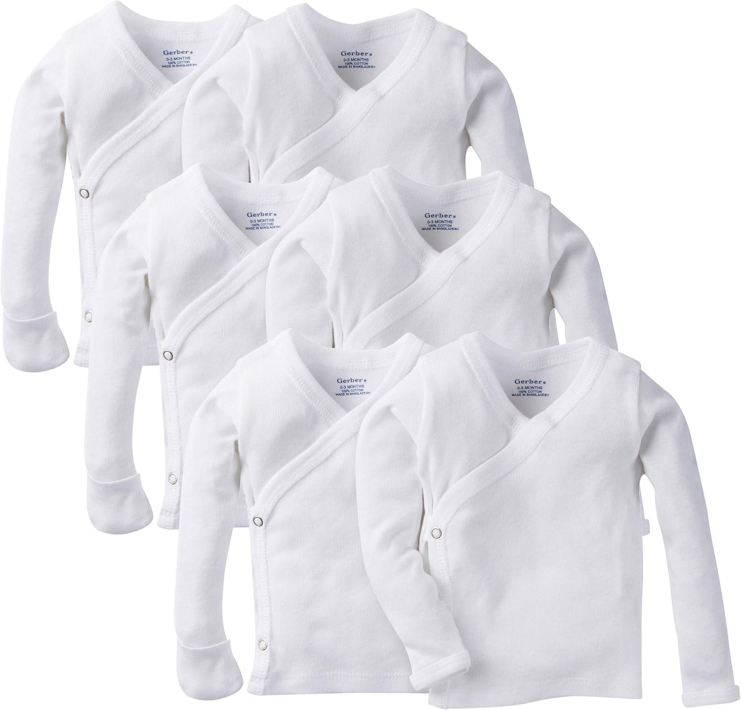 Gerber Baby 6-Pack Long-Sleeve Side-Snap Mitten-Cuff Shirt