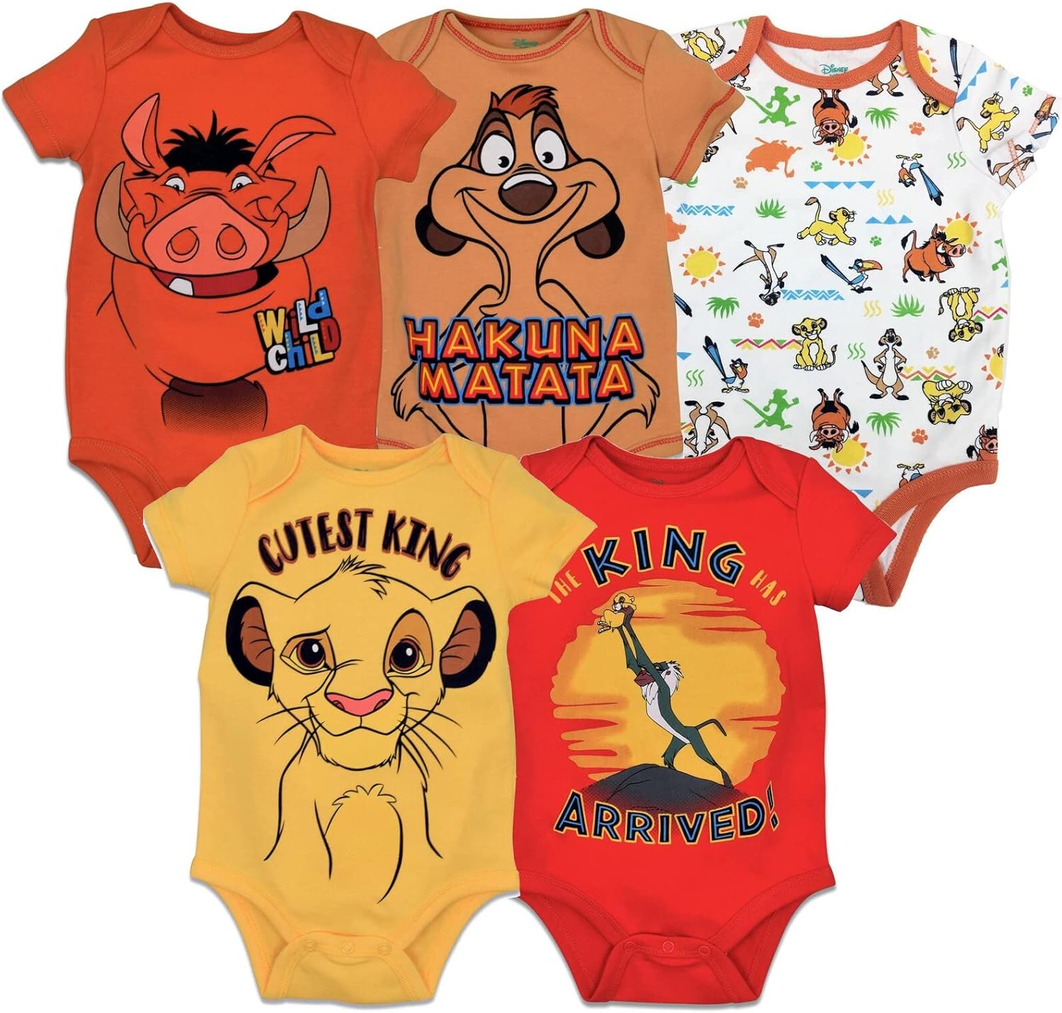 Disney Mickey Mouse Lion King Winnie the Pooh Pixar Toy Story Finding Nemo Baby 5 Pack Bodysuits Newborn to Infant