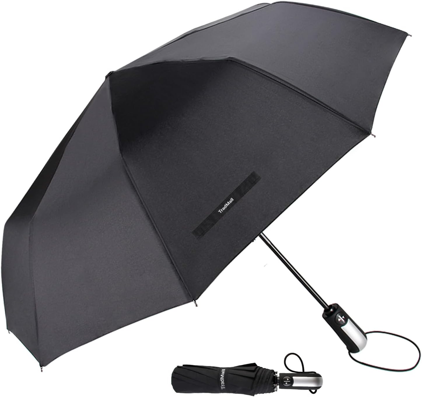 TradMall Travel Umbrella Windproof with 46 Inches Large Canopy 10 Reinforced Fiberglass Ribs Ergonomic Handle Auto Open & Close, Black