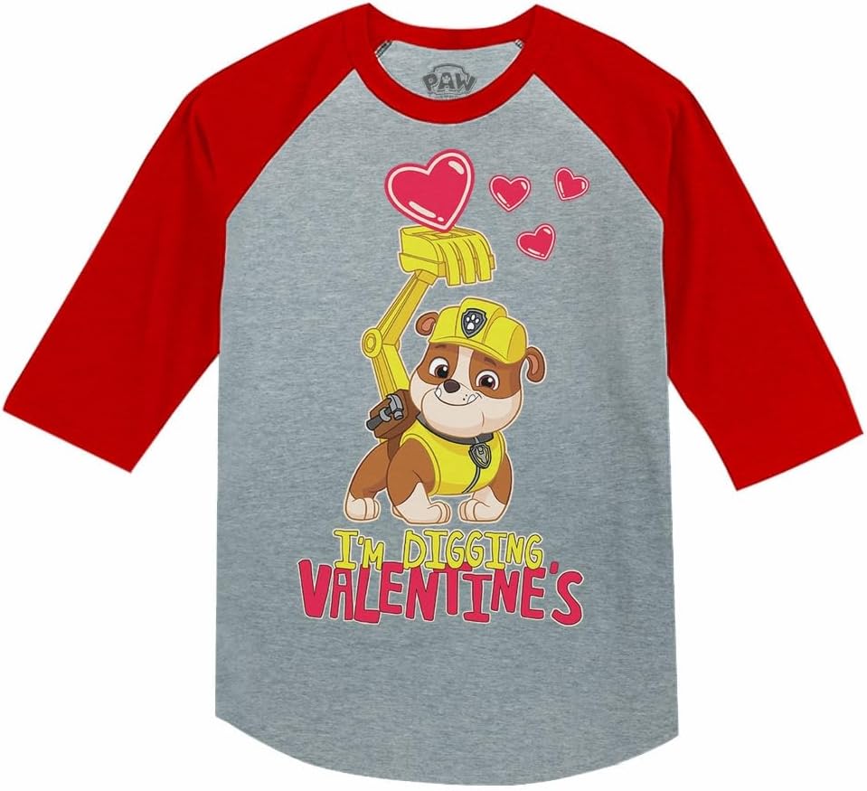 Paw Patrol Girls Boys Valentines Day Shirt Mighty Pups Valentine's Toddler Kids Raglan 3/4 Sleeve T-Shirt