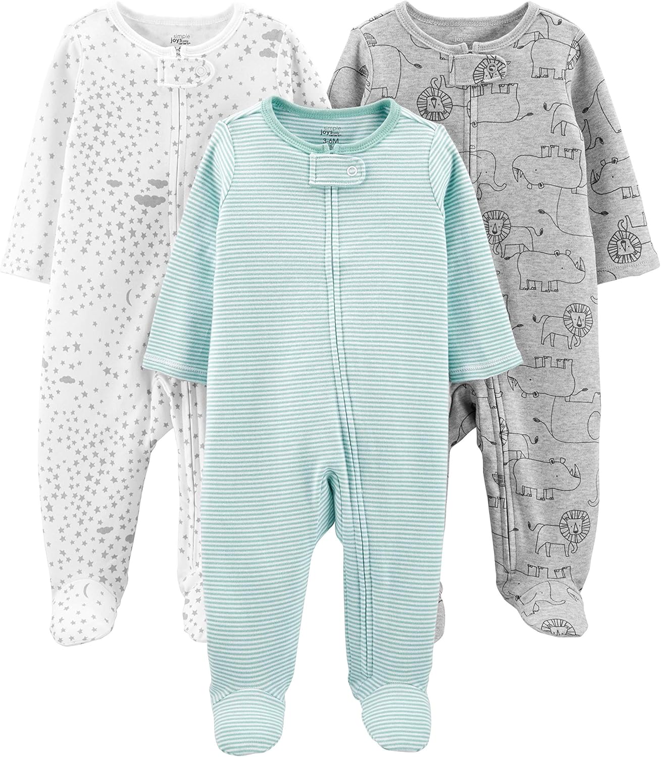 Simple Joys by Carter's Baby 3-Pack Neutral Sleep and Play, Green Stripe/Grey Lion/White Stars, 0-3 Months