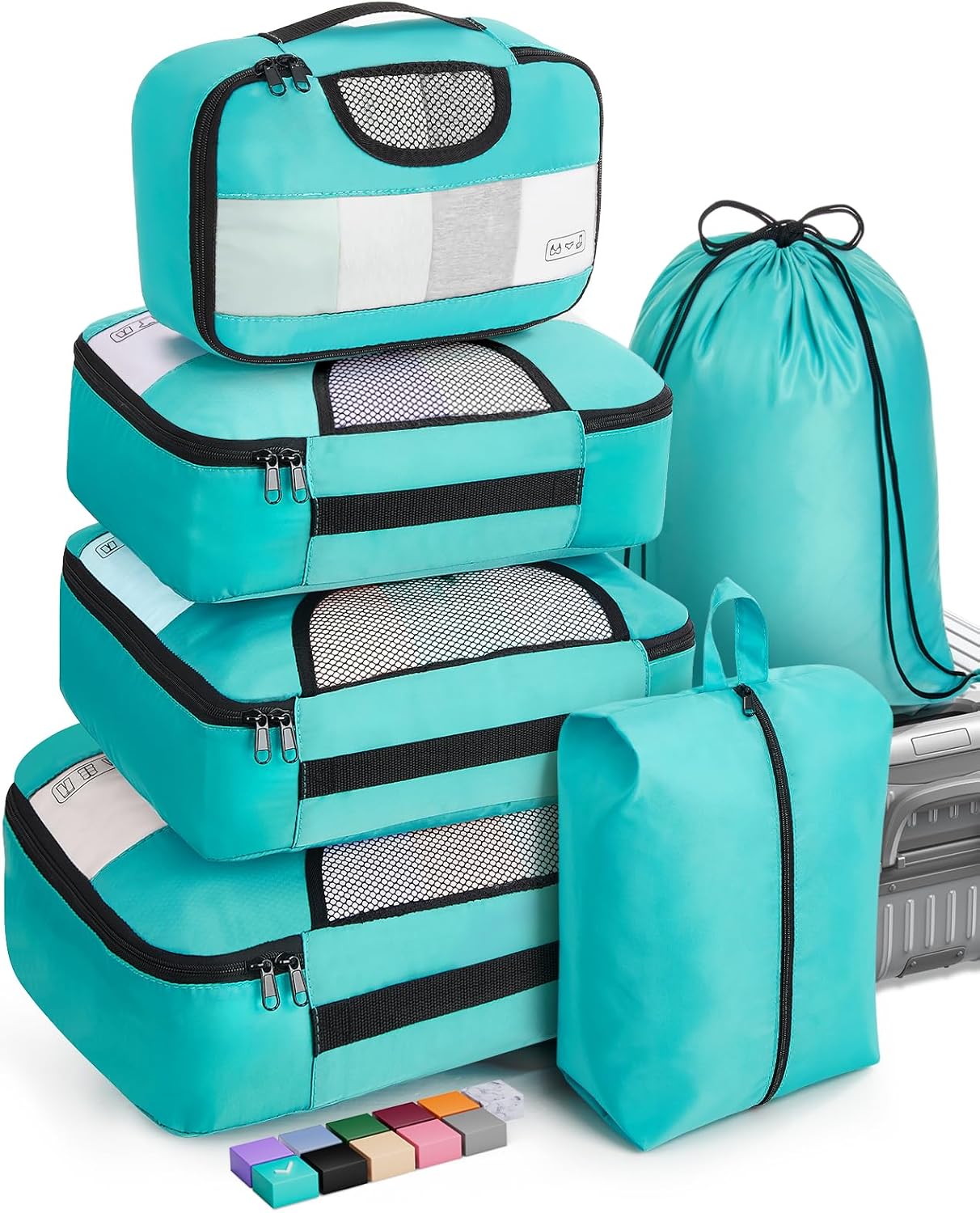 Veken 6 Set Packing Cubes for Suitcases, Travel Essentials for Carry on Luggage, Suitcase Organizer Bags Set for Travel Accessories in 4 Sizes(Extra Large, Large, Medium, Small),Cyan