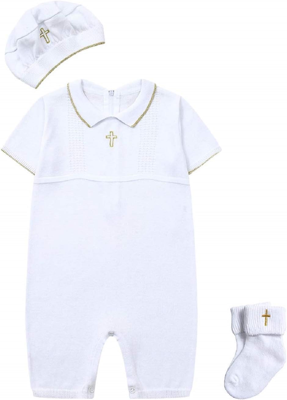 HAPIU Baby Boy Baptism Outfit with Hat and Socks,Christening Outfit-Cross Detail