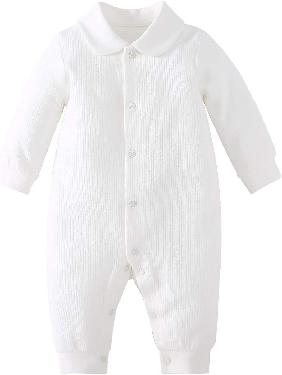 pureborn Unisex Baby Jumpsuit Infant Boys Girls Cotton Spring Fall Romper One-Piece Coverall Baptism Outfit White 0-24 Months