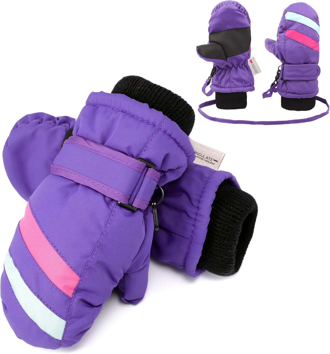 F Flammi Toddler Kids Snow Mittens with String Waterproof Ski Mittens Thinsulate Winter Gloves for Baby Girls Boys