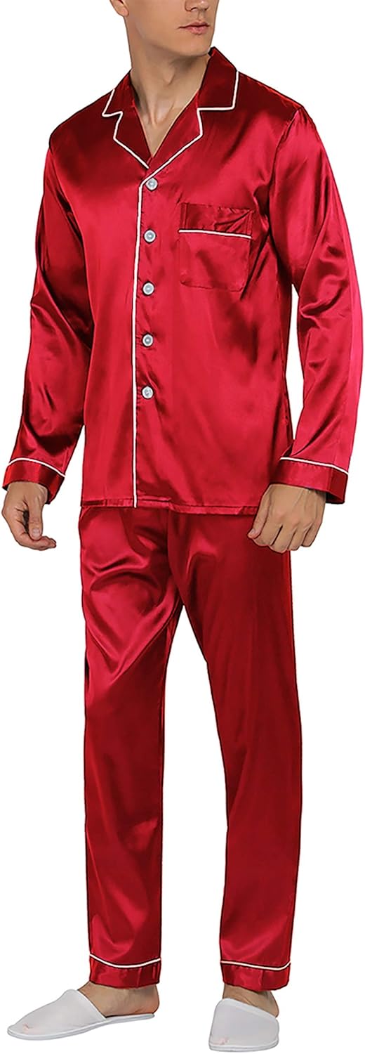 YIMANIE Mens Satin Pajamas Set Classic Short Sleeved and Long Pants Sleepwear Loungewear