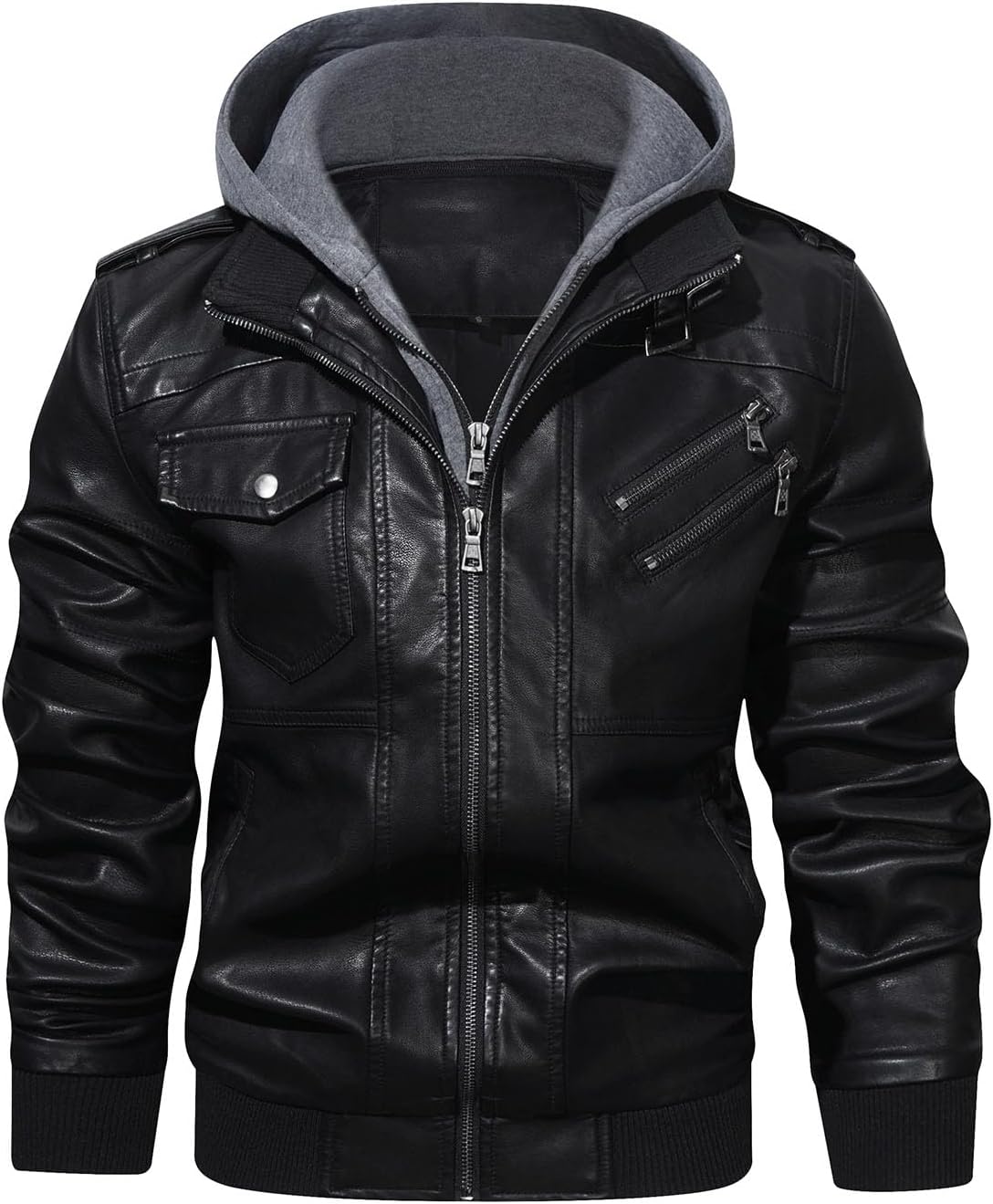 HOOD CREW Men's Casual Stand Collar PU Faux Leather Zip-Up Motorcycle Bomber Jacket With a Removable Hood