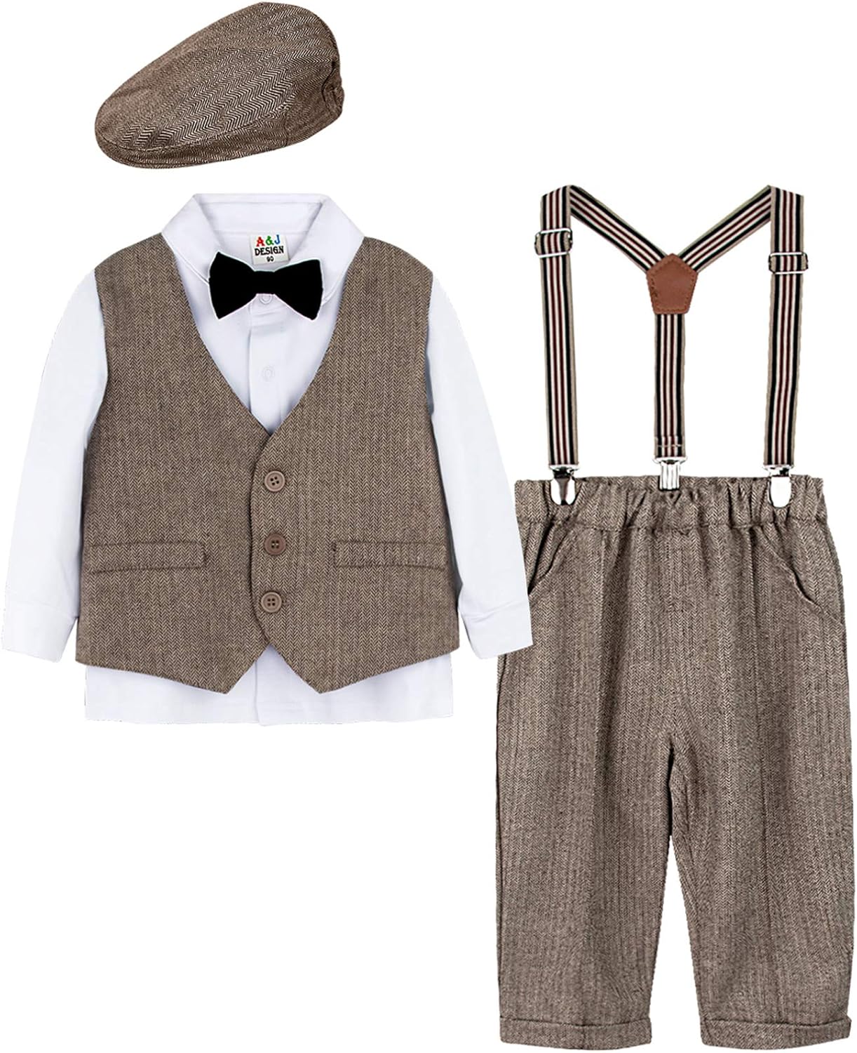 A&J DESIGN 5pcs Baby Boys Suit, 12 Months - 3T, Shirt & Pants & Vest & Hat & Bow Tie