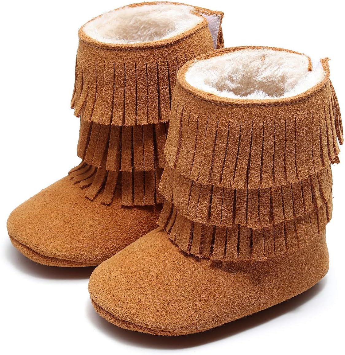 HONGTEYA Real Leather Fringe Baby Booties for Girls Boys Winter Warm Snow Boots with Tassels Hard Sole Fur Lined Toddler Moccasins Shoes