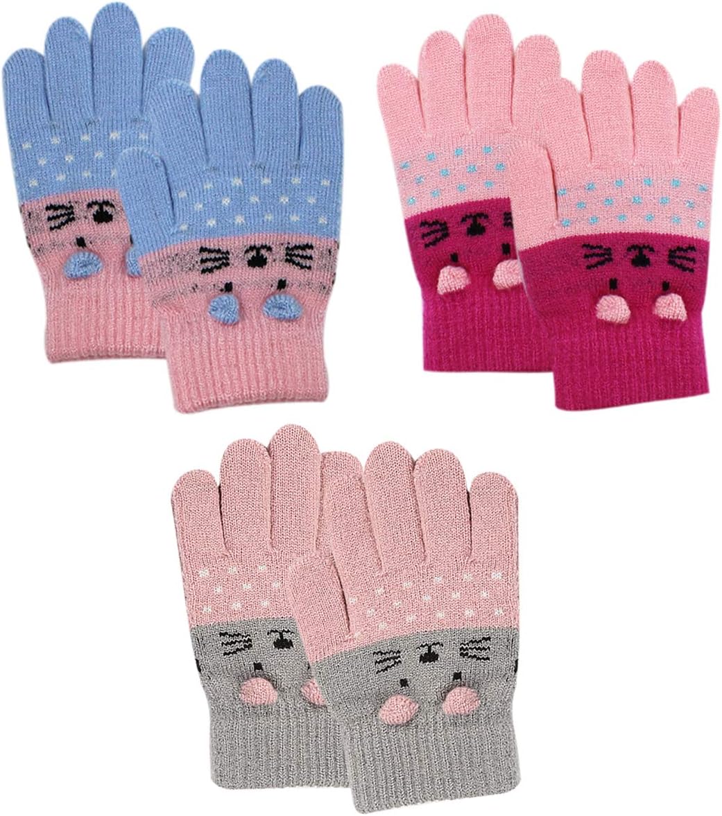 RARITYUS 2 or 3 Pairs Kids Cute Cat Warm Gloves Winter Knitted Mittens for Boys Girls Toddler 0-15 Years old