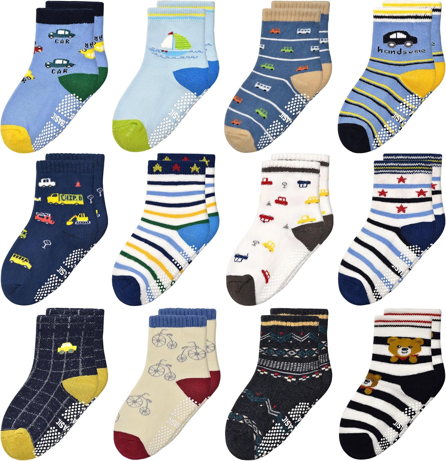 Tphon Non Slip Kids Toddler Socks with Gripper 12 Pairs Anti Skid Boys Girls Socks for Baby Socks for 1-7 Year Children