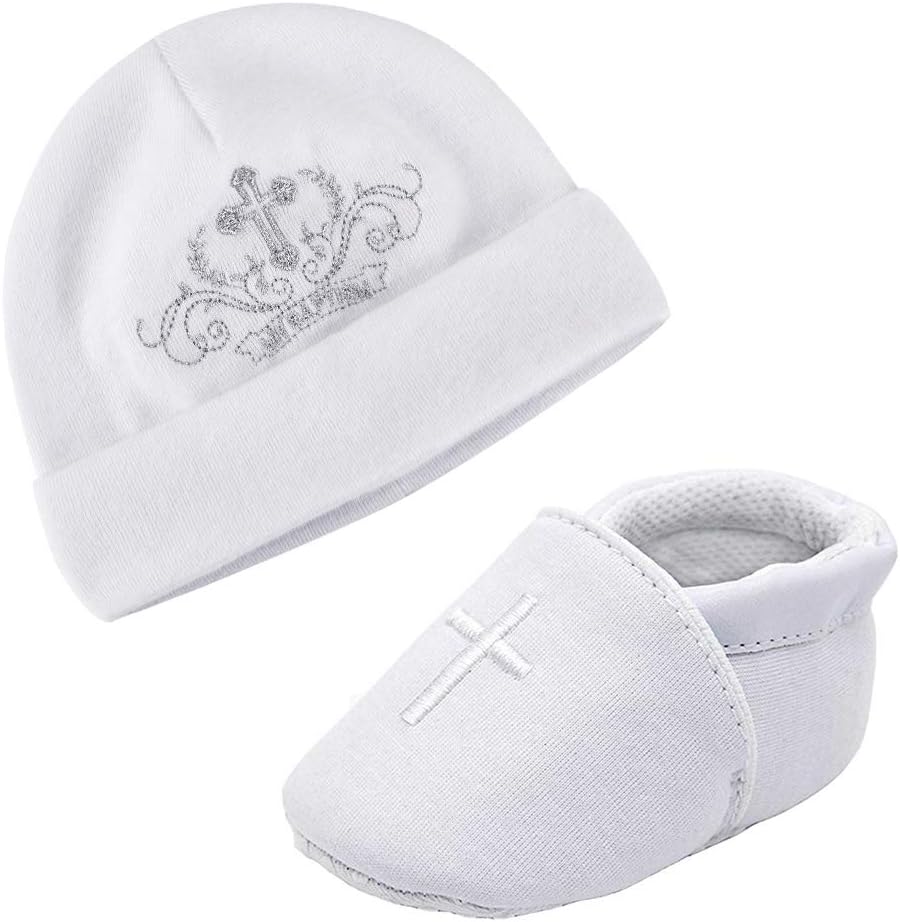 ESTAMICO Baby Newborn Soft Sole Shoes with White Embroidered Bib or Hat Set