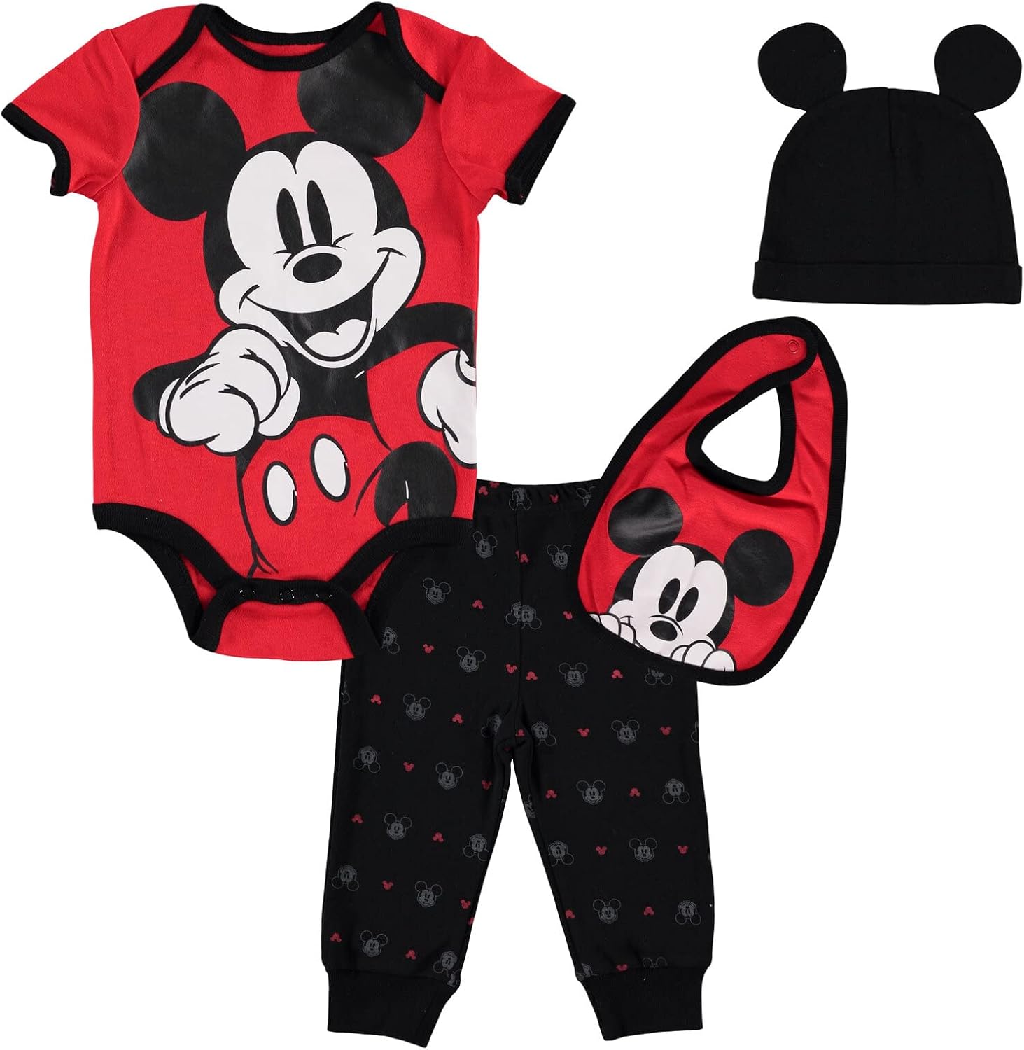 Disney Mickey Mouse 4 Piece Outfit Set: Bodysuit Pants Bib Hat