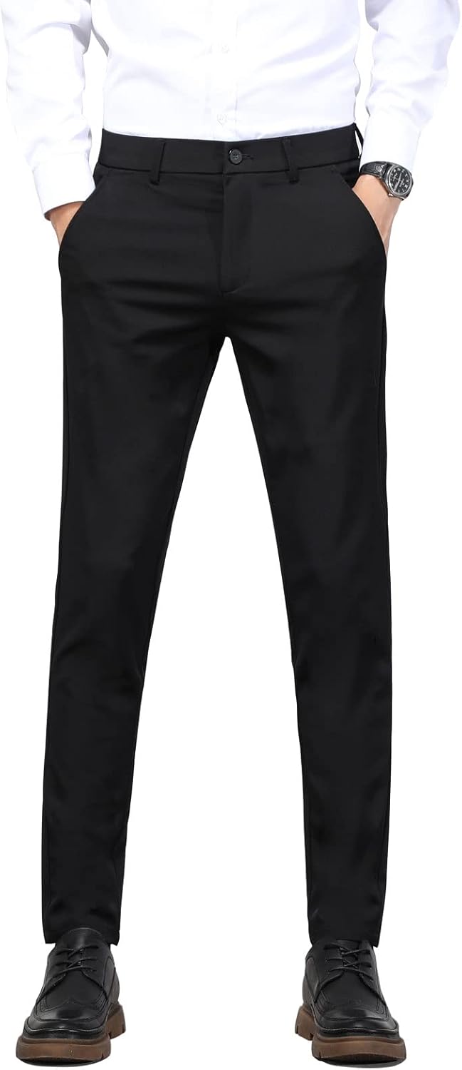 Plaid&Plain Men's 4-Way Flex Stretch Slim Fit Dress Pants