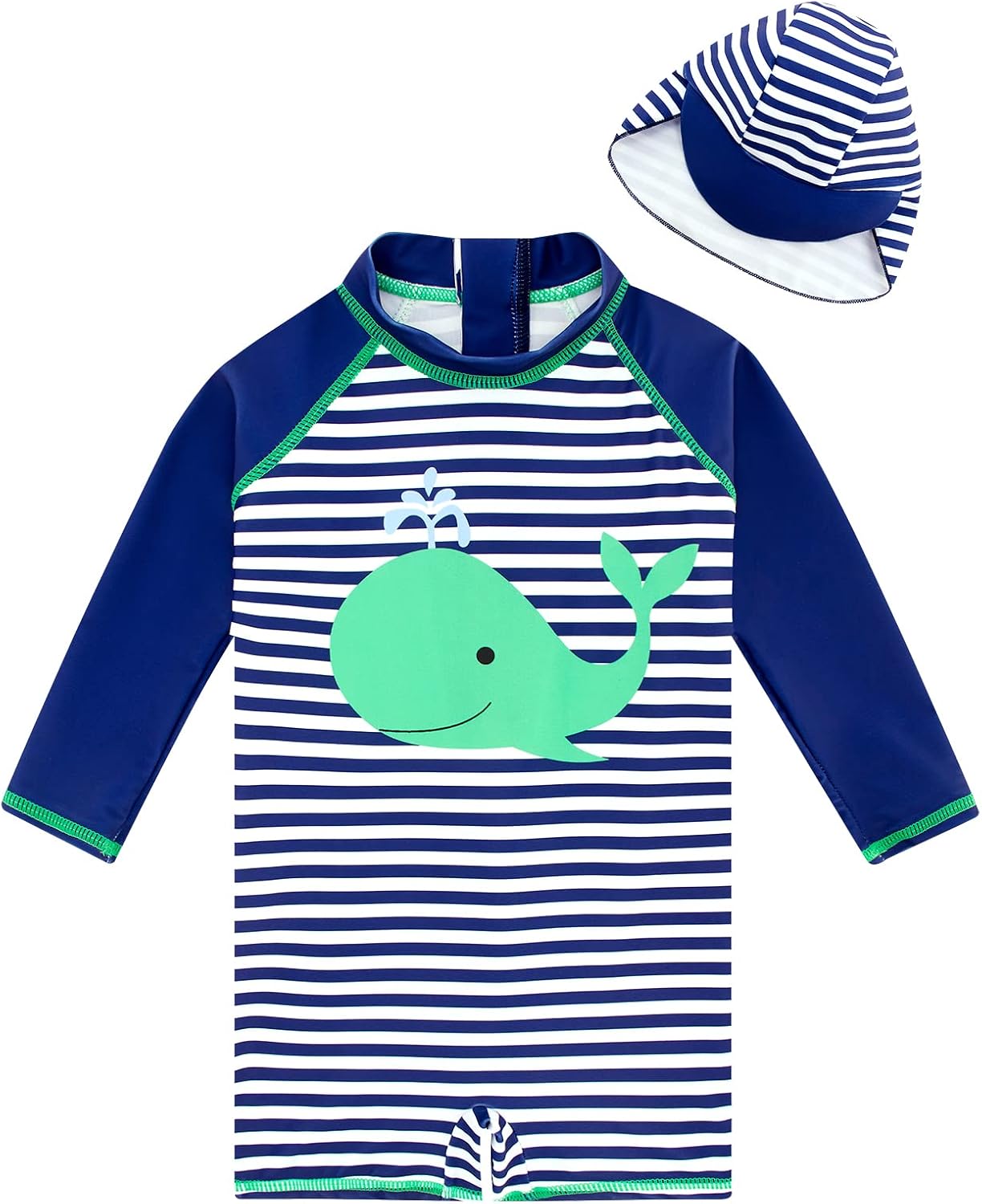 uideazone Baby Boys One Piece Swimsuit Long Sleeve UPF 50+ Rash Guard Bathing Suit Swimwear with Sun Hat 0-24 Months