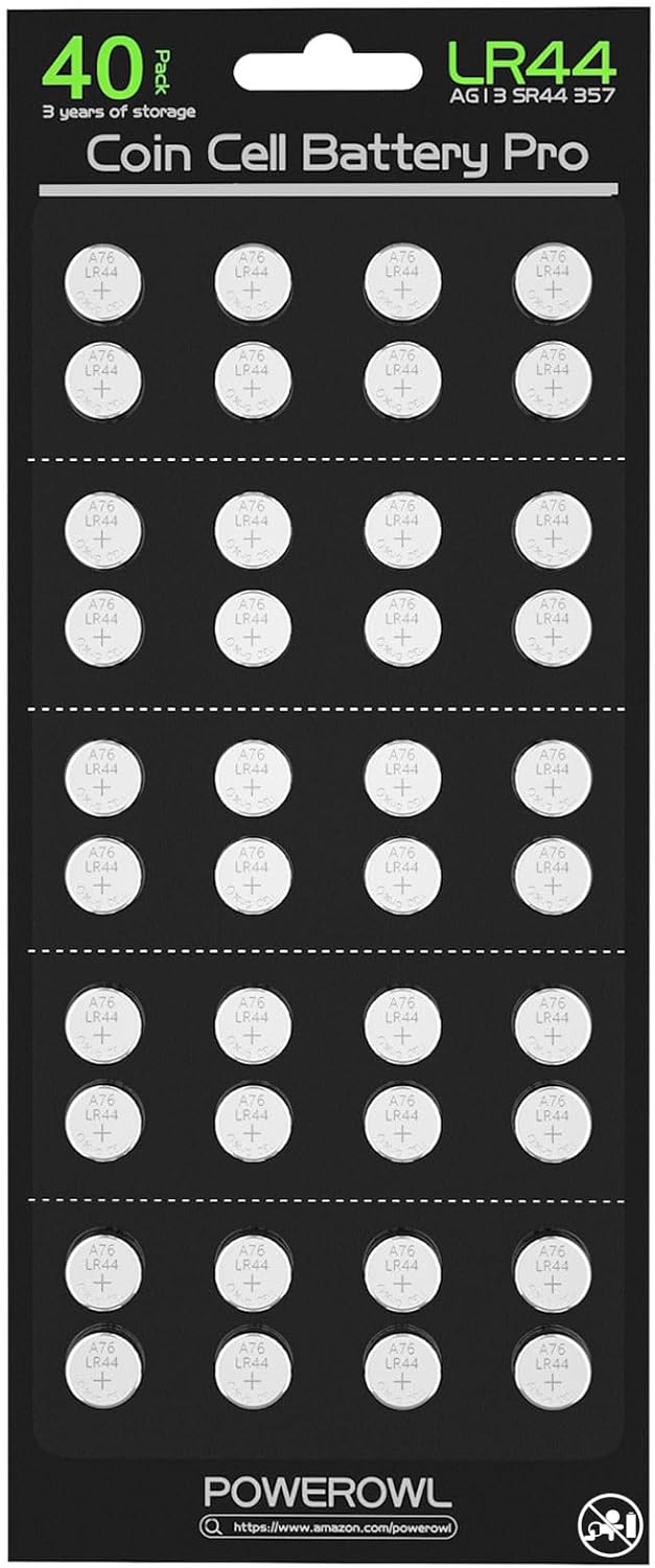 POWEROWL High Capacity LR44 Batteries 40 Pack, L1154F AG13 357 303 SR44 A76 Premium Alkaline Battery 1.5V Button Coin Cell Batteries