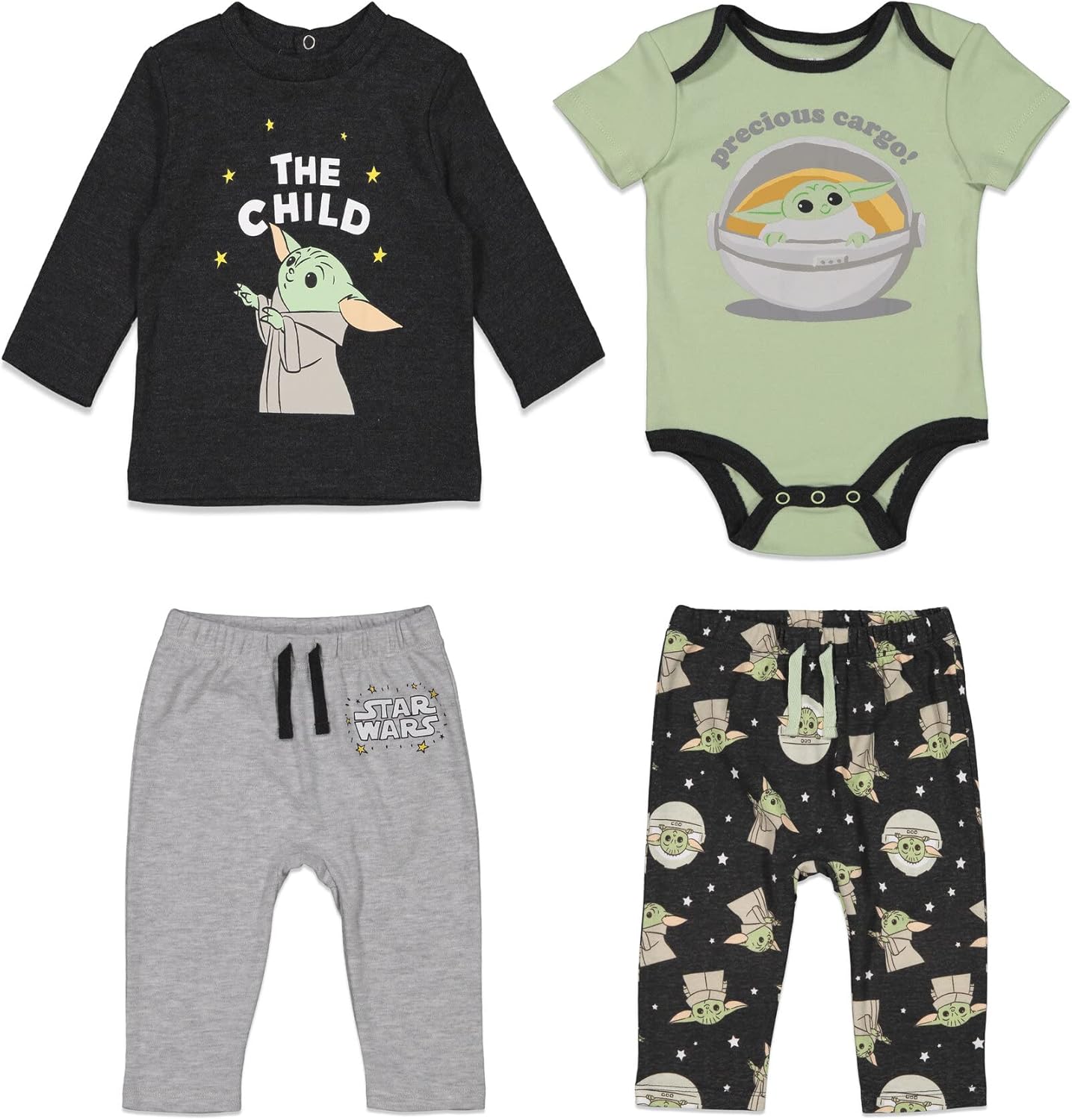 STAR WARS The Child Baby Mix N' Match Short Sleeve Bodysuit Graphic T-Shirt and Pants 4 Piece Layette Set Newborn to Infant