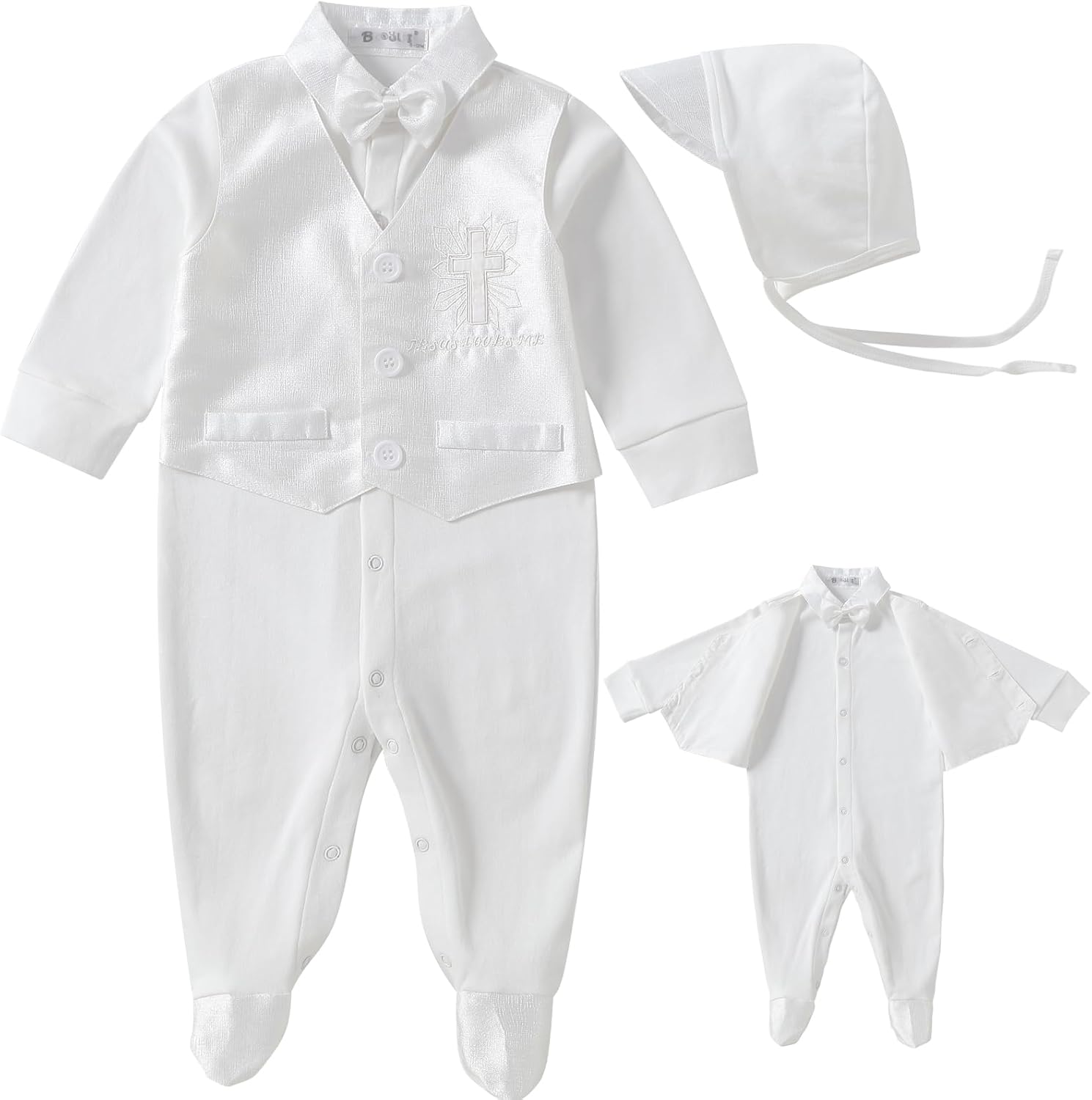 Booulfi Baptism Christening Outfits for Boys Long Sleeve White Baby Boy Romper Fall Winter Church Newborn Jumpsuit