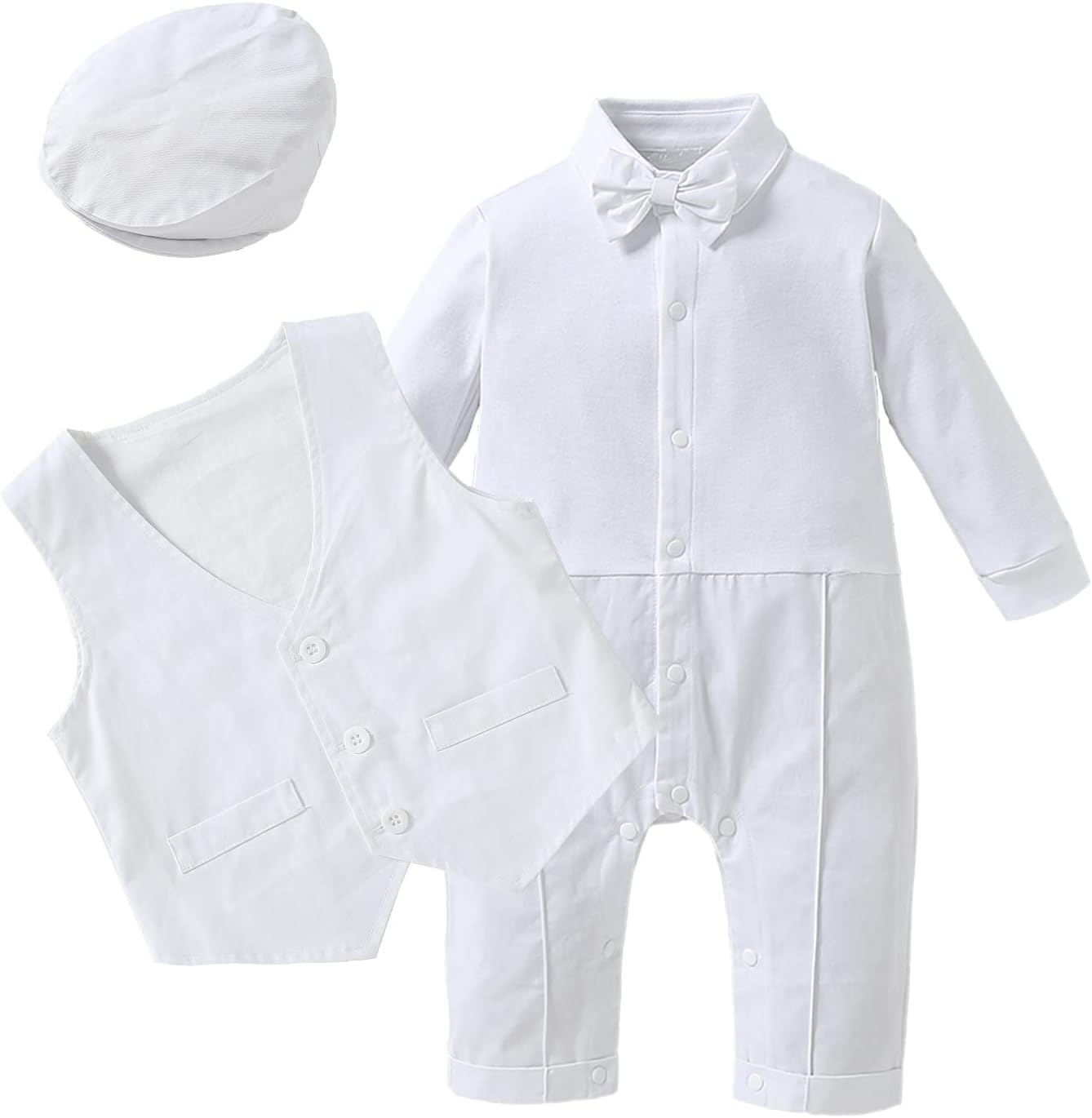 HOSUKKO Baby Boy Suit, One-Piece Romper & Vest & Beret & Bowtie (0-24 Months)