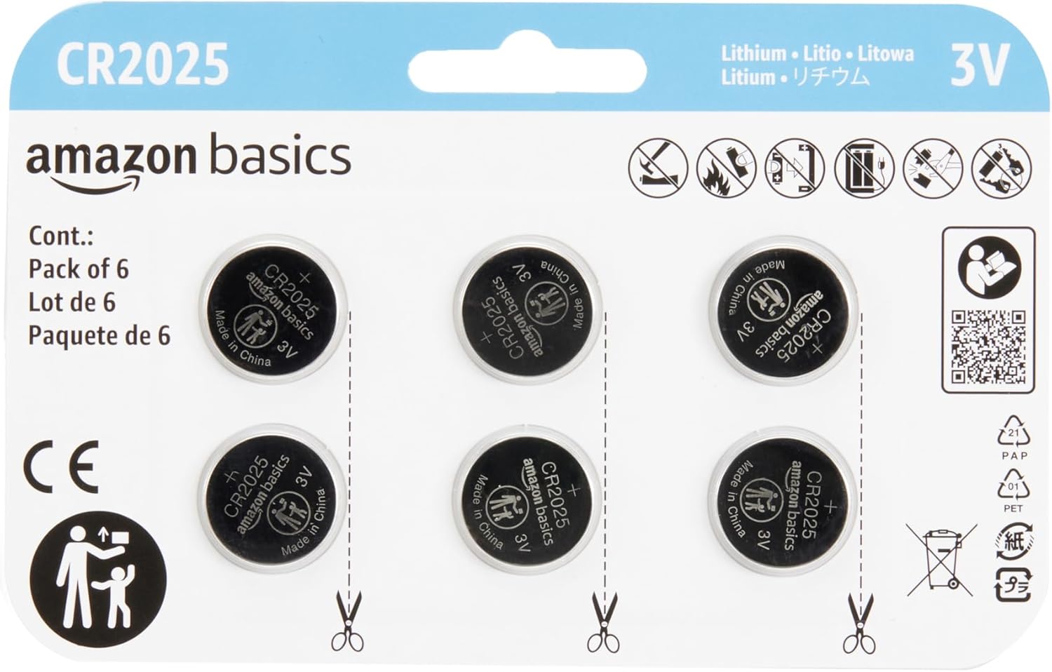 Amazon Basics 6-Pack CR2025 Lithium Coin Cell Battery, 3 Volt, Long Lasting Power, Mercury-Free