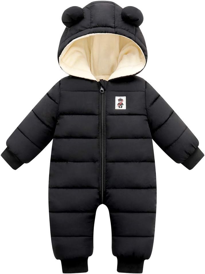 Unisex Baby Snowsuit Infant Cute Bear Hooded Winter Warm Flannel Lining Romper