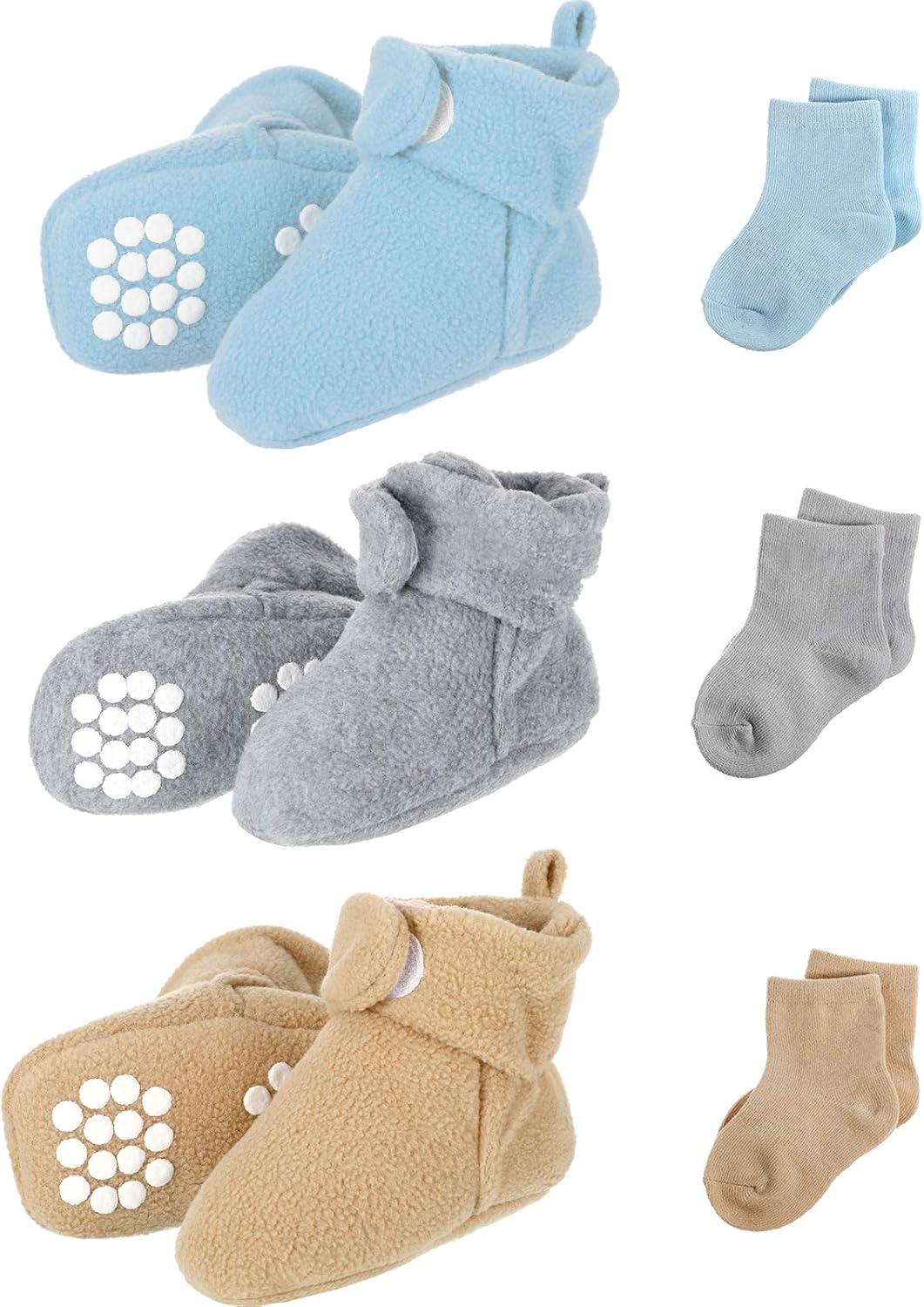 SATINIOR 3 Pairs Unisex Cozy Fleece Baby Booties with 3 Pairs Infant Cotton Socks