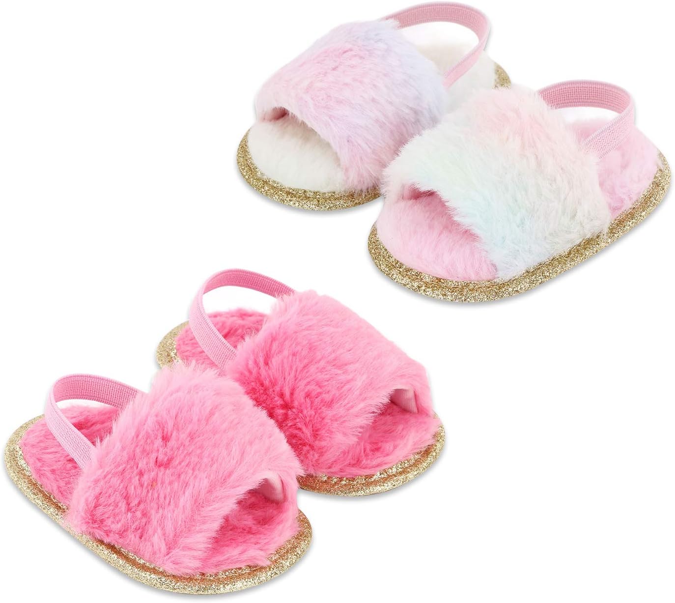 2 Pack Infant Baby Girls Sandals Elastic Back Strap Flats Slippers Soft Toddles Princess Shoes Faux Fur Slides Shoes First Walker House Shoes