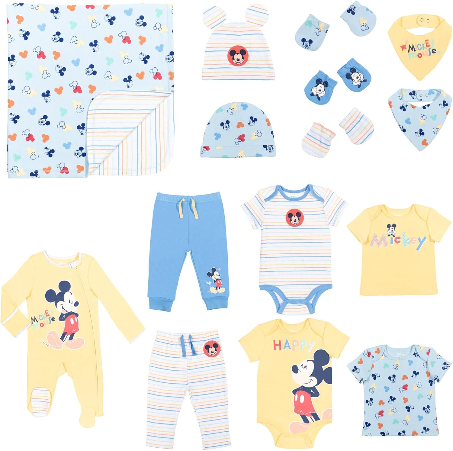 Disney Mickey Mouse Newborn Baby Zip Up Coverall Bodysuits T-Shirts Pants Bibs Hats Mitts and Blanket 15 Piece Layette Set