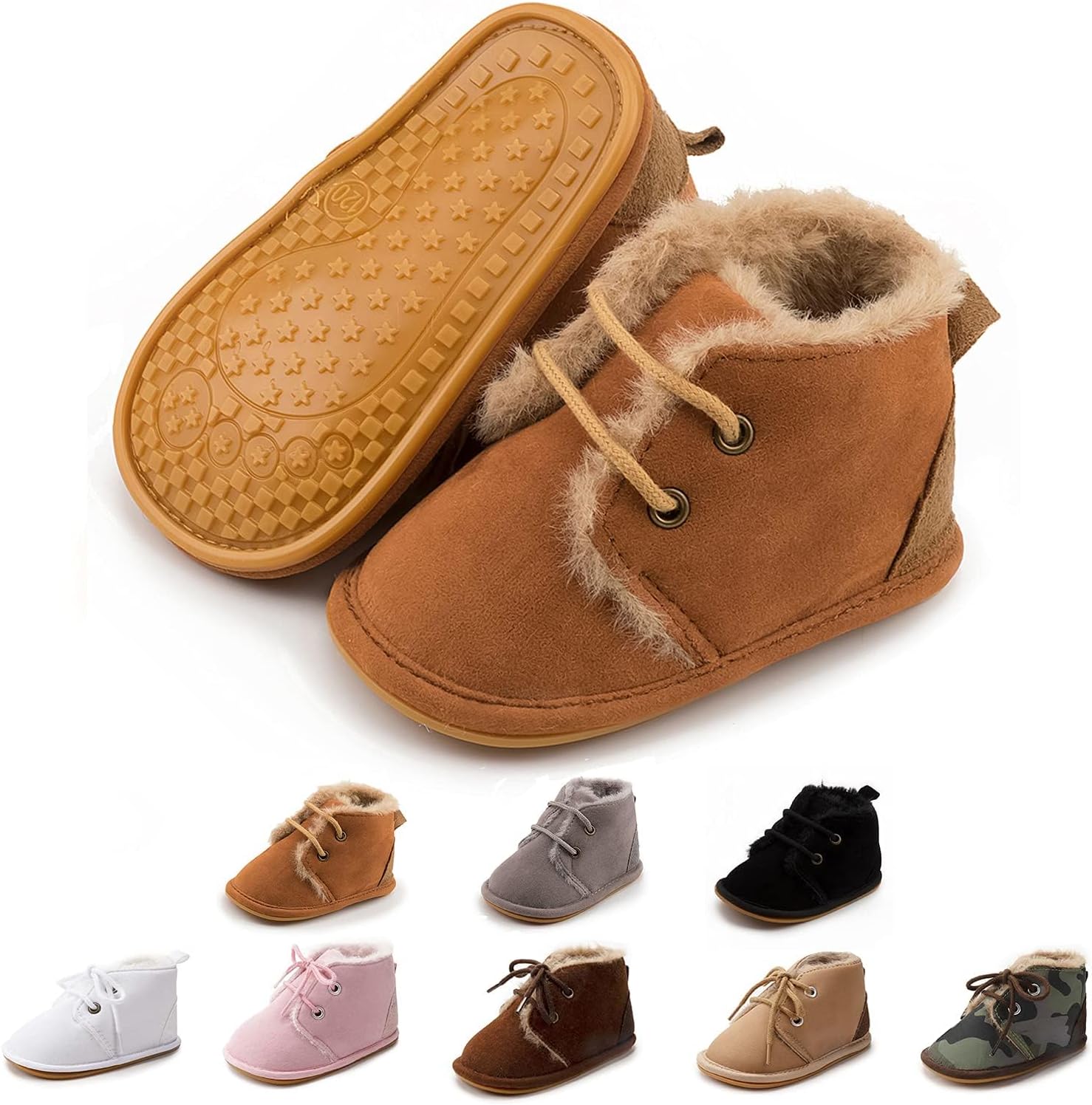 Baby Unisex Warm Snow Boots Newborn Leather Fur Lace Up Ankle Anti-Slip Rubber Texture Sole Toddler Prewalker Winter Crib Shoes