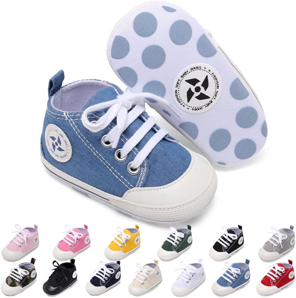 Baby Boys Girls Star High Top Sneaker Soft Anti-Slip Sole Newborn Infant First Walkers Canvas Denim Shoes