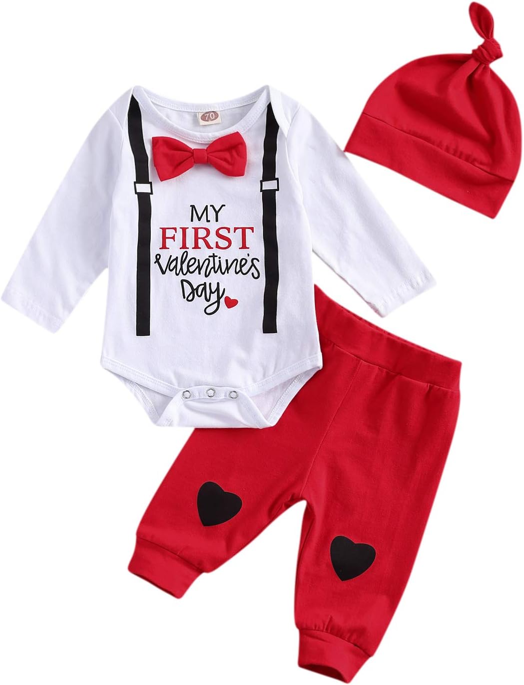 Kuriozud Baby My First Valentine's Day Outfits Long Sleeve Romper Bodysuit Top Pants Hat 3 Piece Clothes Set