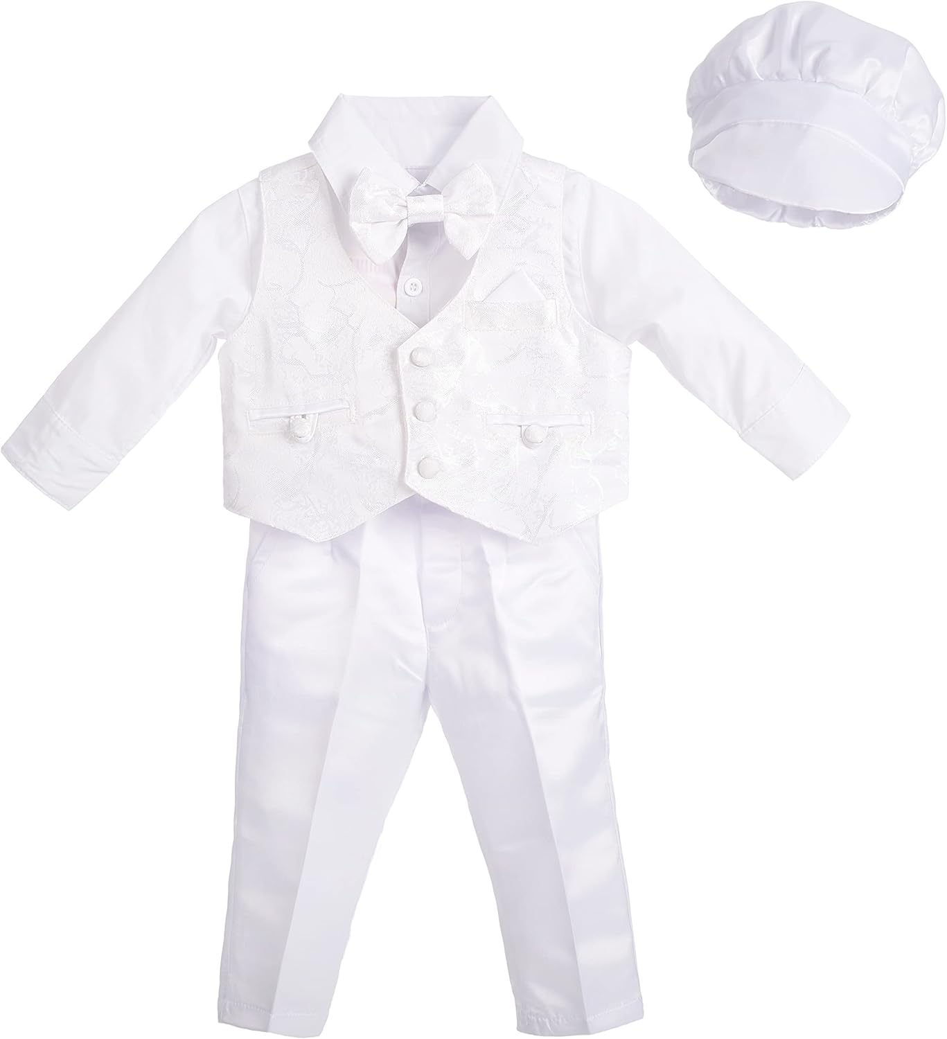 Dressy Daisy Baby Boys White Suit Christening Clothing with Bonnet Baptism Outfits Long Sleeve Floral