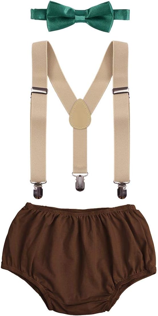 IWEMEK Baby Boys First Birthday Cake Smash Outfits Adjustable Clip Y Back Suspenders Bowtie Bloomers Diaper Cover Clothes Set